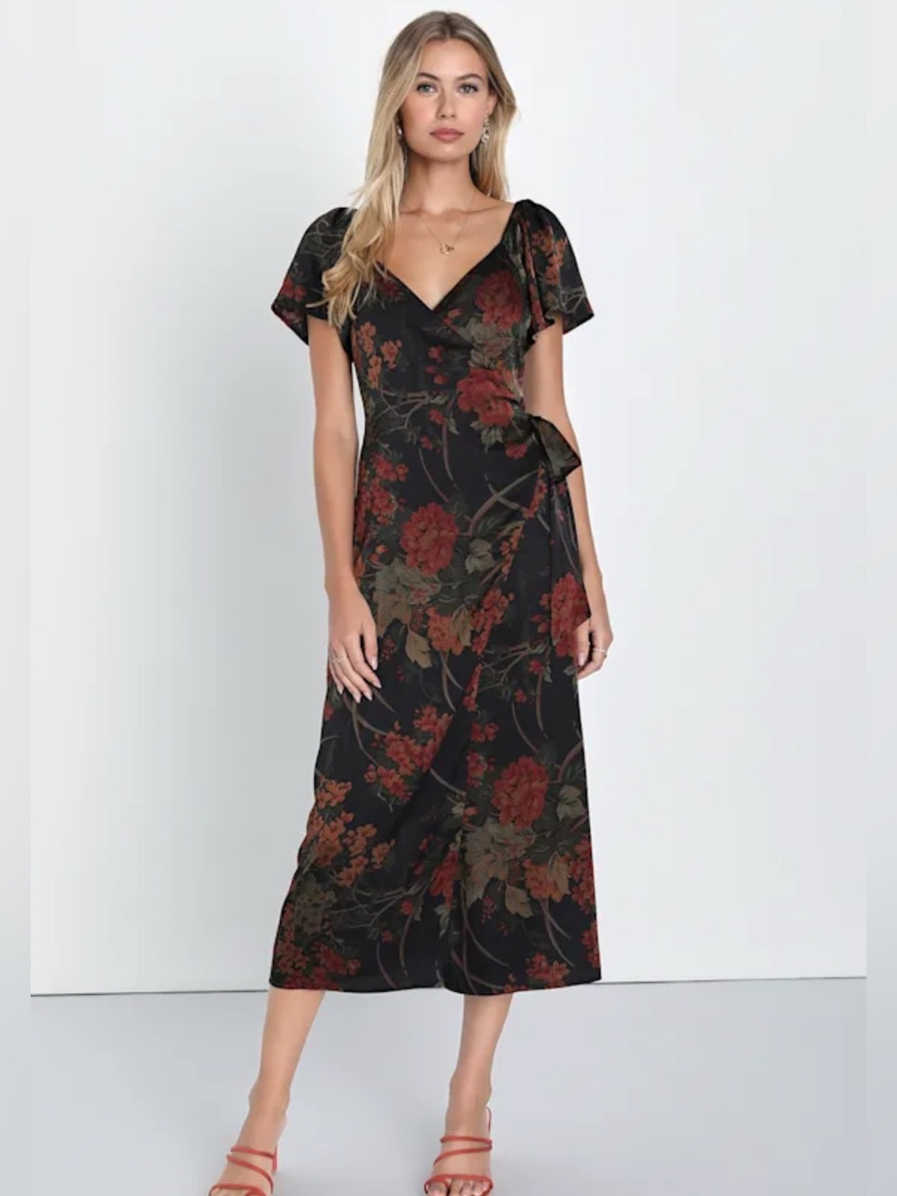 Lulu's Black Midi Wrap Dress with Red & Olive Floral Print